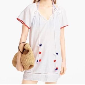 Like New J. Crew Embroidered Linen Blend Cover Up Tunic with Pom Poms Size Large